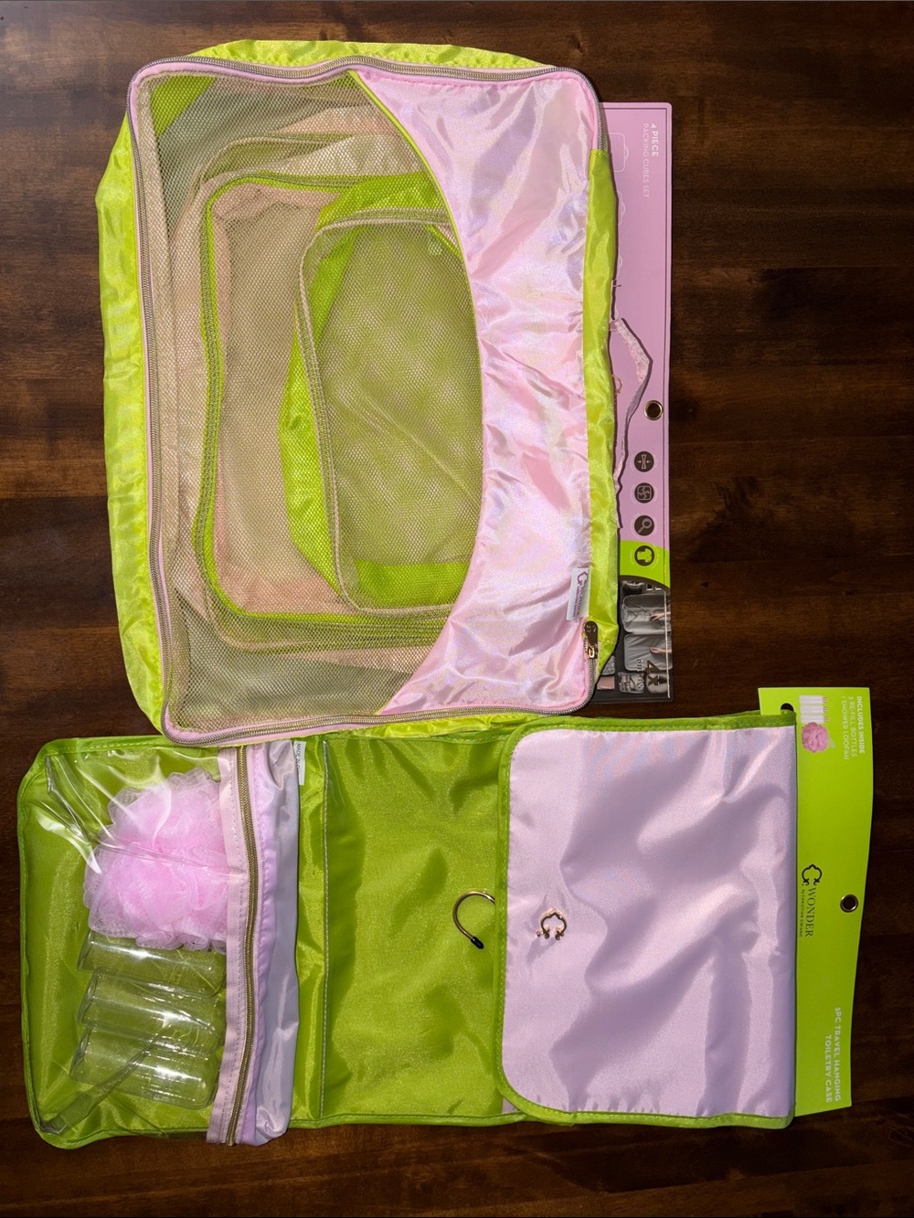 Pink and Lime Green 5PC Travel Hanging Toiletry Case & 4PC Packing Cube Set